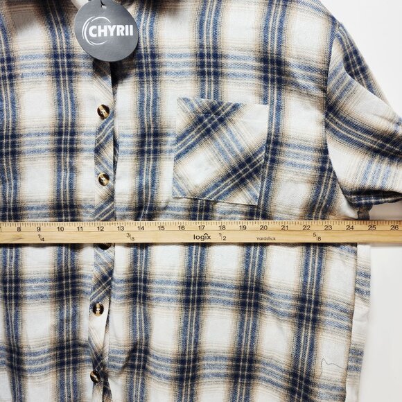 Chyrri Mens Plaid Shirt Size XXL Long Sleeve Blue Beige Button-Down - Picture 7 of 7